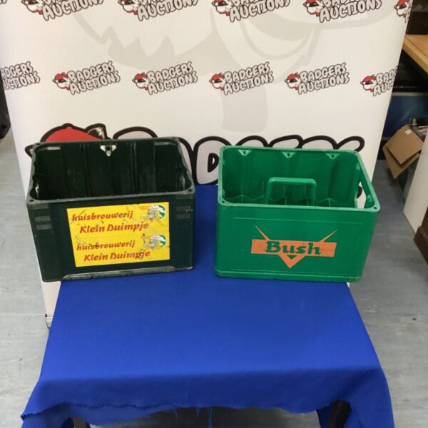 Vintage German beer crates for storage and display.