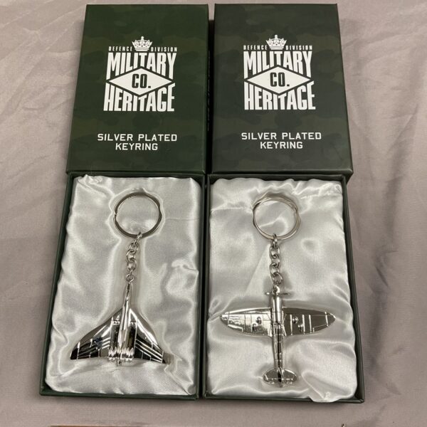 Silver plated Spitfire and Vulcan military aircraft keyrings