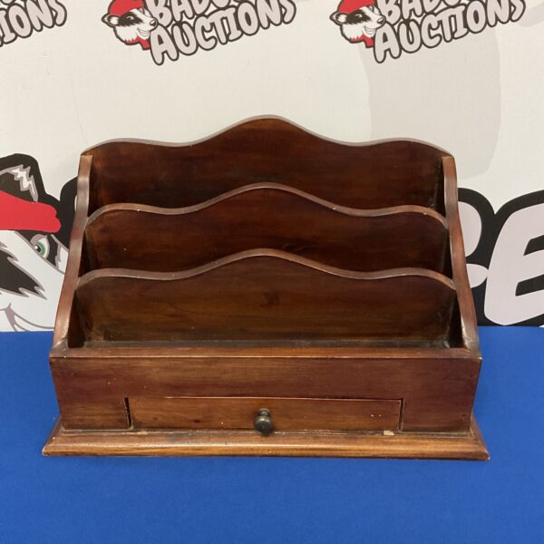 Vintage oak letter rack with stationary drawer for organisation.