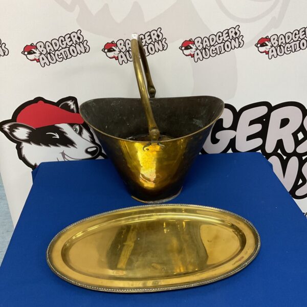 Vintage brass coal bucket and serving plate set for home decor.