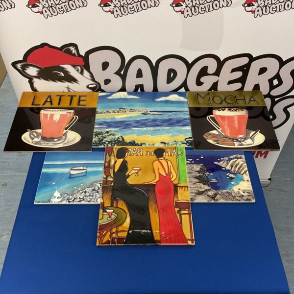 Collection of colourful ceramic art tiles featuring cafe beverages.