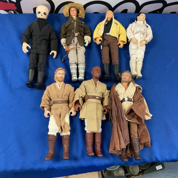 Vintage Star Wars action figures lot featuring Obi-Wan, Luke, and Mace Windu.
