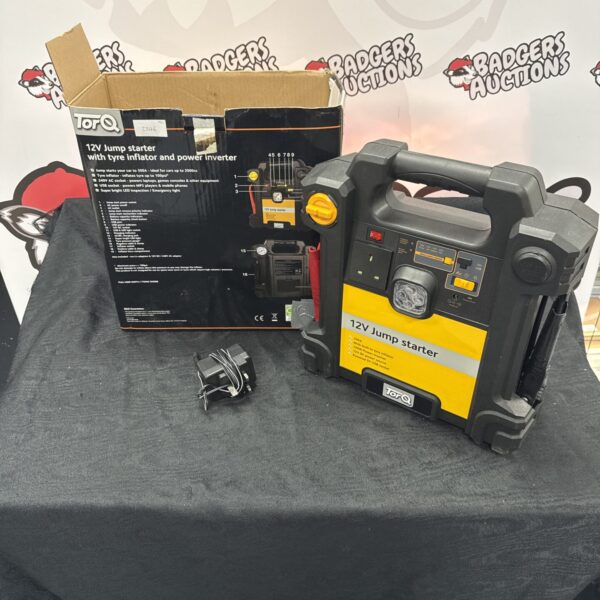 Front view of a Torq 12v jump starter with carry handle.