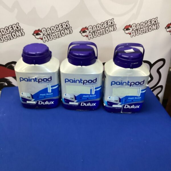Three Dulux Paintpod containers with Willow Tree matt finish emulsion.