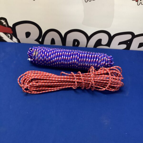 Braided red and white nylon rope for outdoor use.