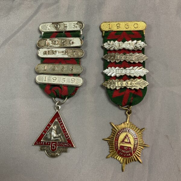 Vintage Road Operators Safety Council driving medals from 1955 to 1964.