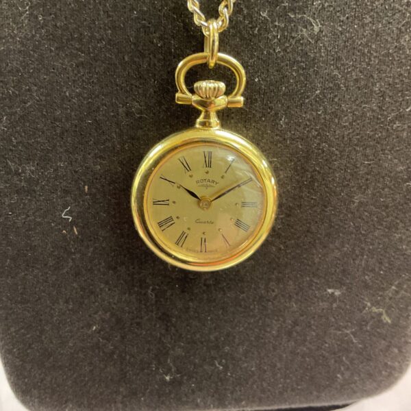 Gold Rotary Quartz pendant watch with Roman numerals.