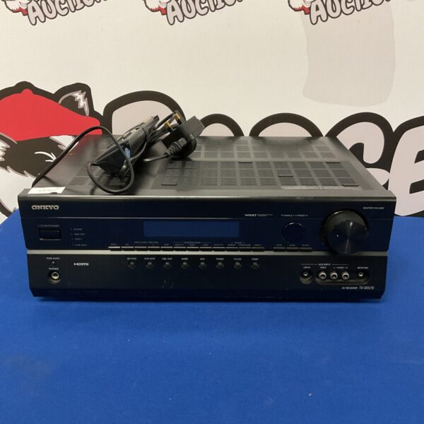 Black Onkyo TX-SR578 AV receiver with remote control.