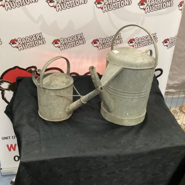 Two vintage galvanised watering cans for garden use.