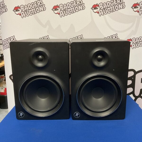 Pair of Mackie MR8 MK2 active studio monitors for audio production.