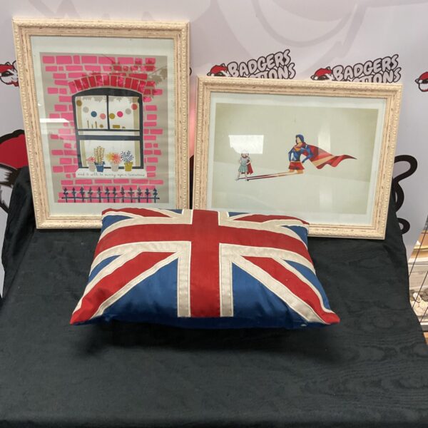 Mixed lot of framed prints and a red pillow for home decor.