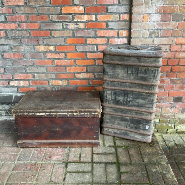 Pair of vintage travel trunks, antique luggage, collectible items.