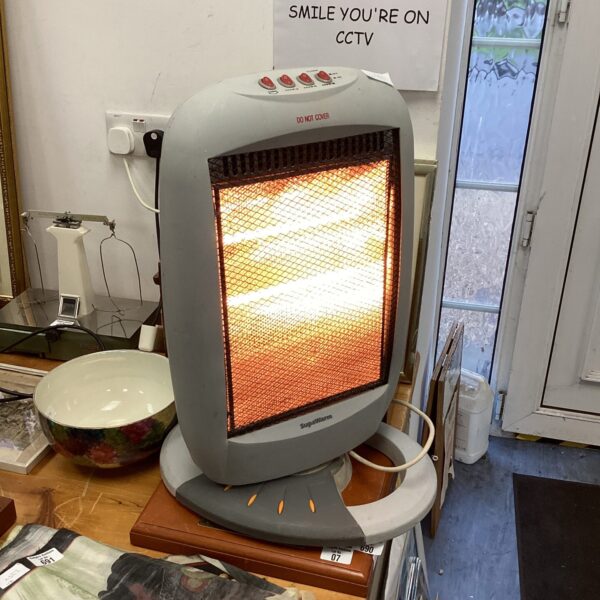Front view of a Supawarm halogen heater with adjustable settings.