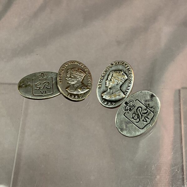 Vintage silver plate George VI coronation cufflinks, detailed design.