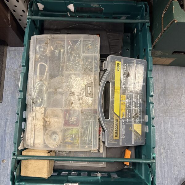 Plastic tray filled with a mixed lot of shed and garden tools.