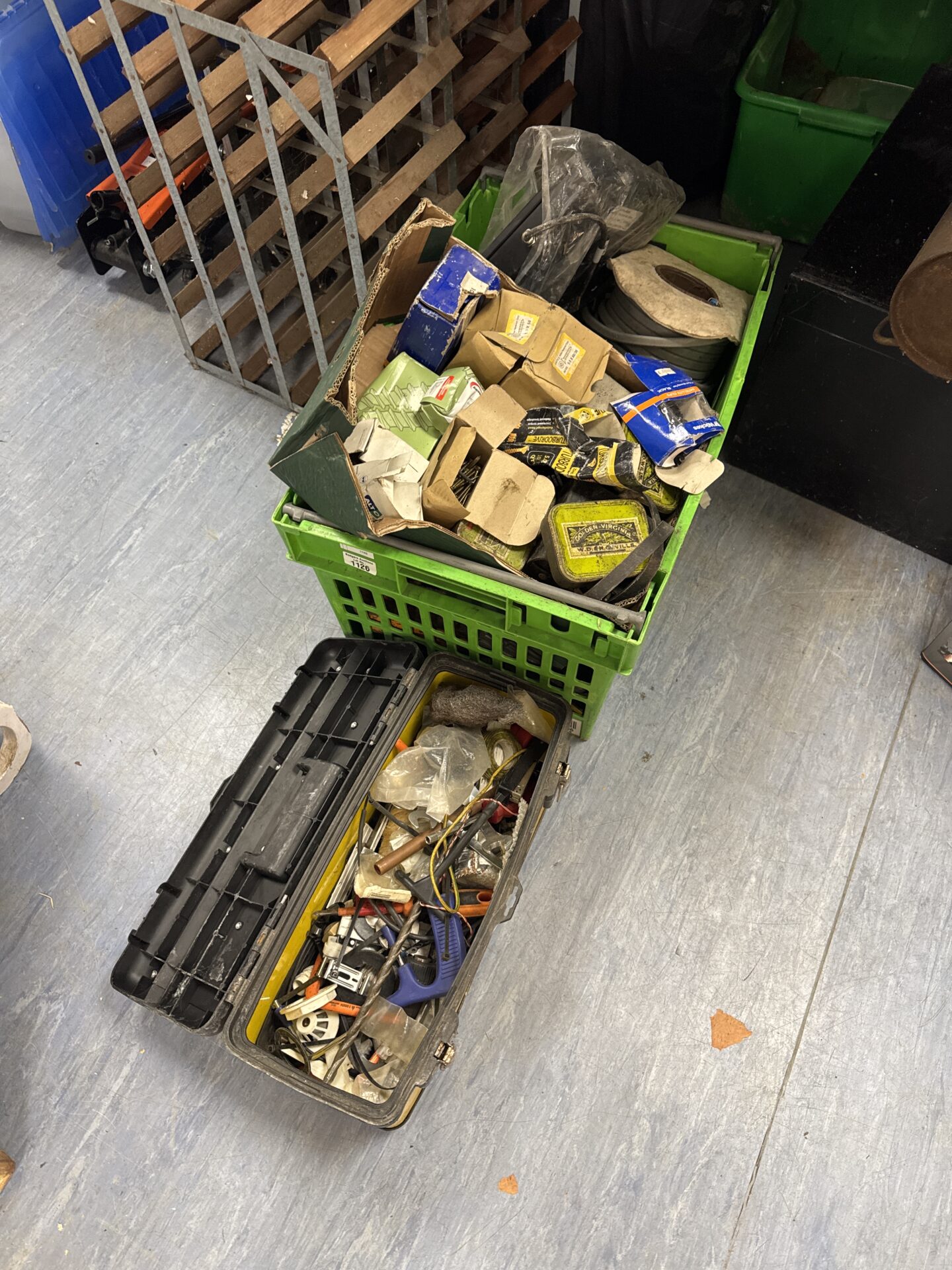 1126 Large box of shed clearance items with a small toolbox