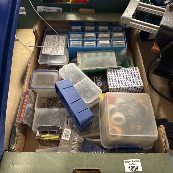 Mixed lot of plastic trays and hardware from shed clearance.