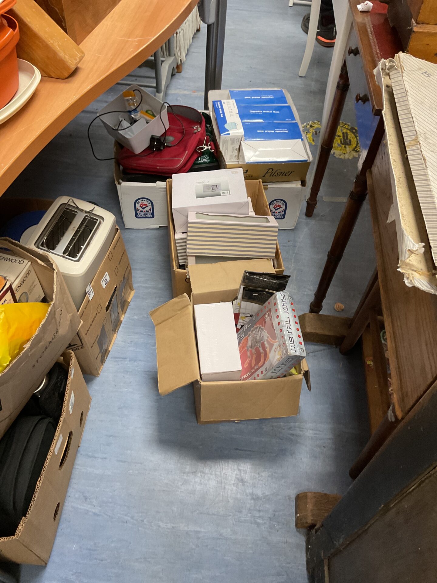 484 Four boxes of mixed items inc boxes of disposable face masks