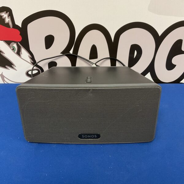 Black Sonos Play 3 wireless speaker for home audio streaming.