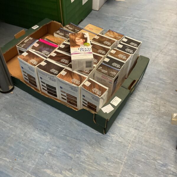 Box of assorted Clairol hair colour shades for hair styling.