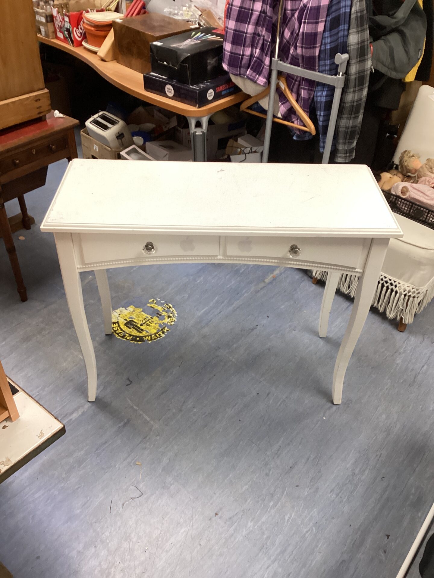 427 White Side Table with Twp Drawers L39”x W16” x H31”