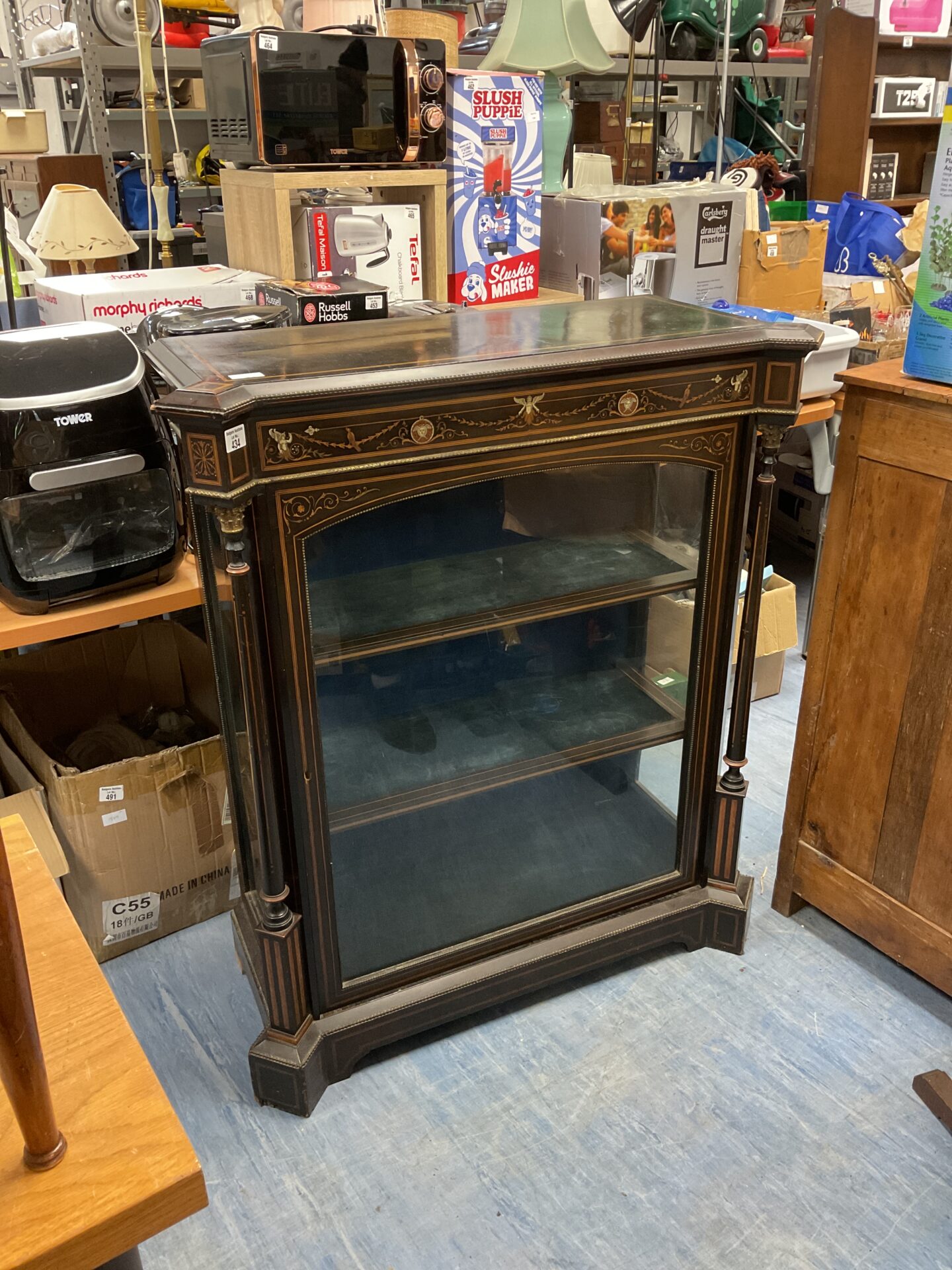 434 Victorian column cabinet antique glass display unit with inlaid design