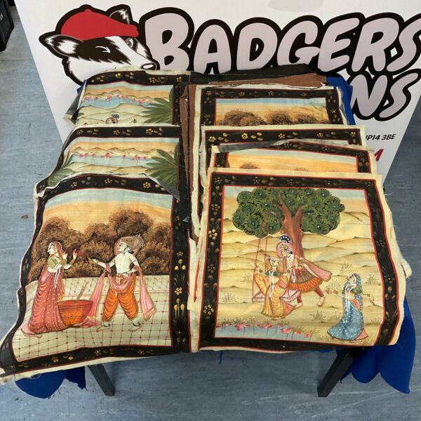 Lot of twenty original Indian silk paintings with vibrant figures.