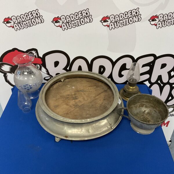 Vintage silver plate cake stand with pewter bowl and oil lamp.