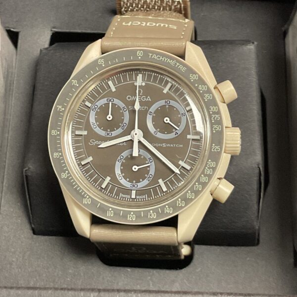 Front view of the Omega Swatch MoonSwatch Desert bioceramic watch.