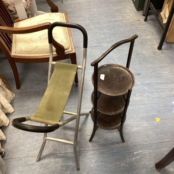 Antique Edwardian folding cake stand with tripod base.