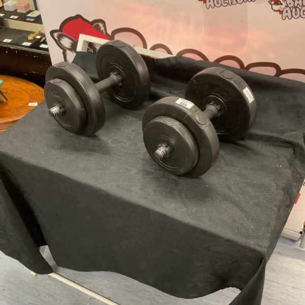 Pair of 7kg cast iron dumbbells for fitness and strength training.