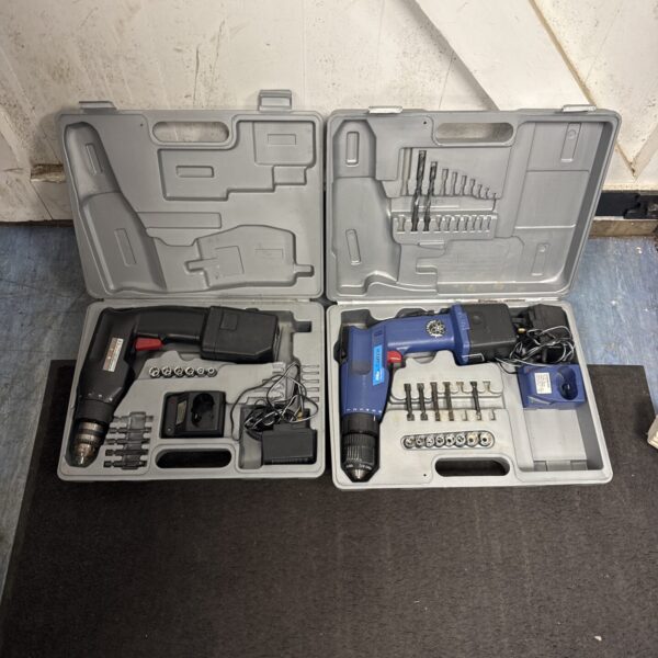 Cordless drill set with Hilka drill in carrying case.