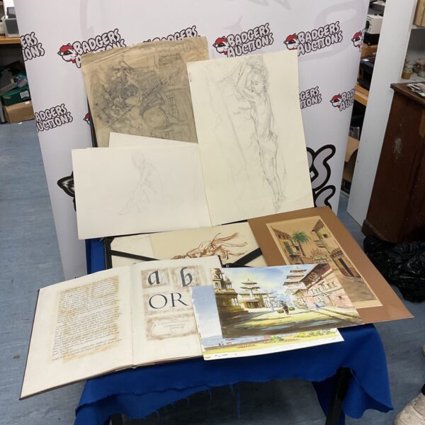 Vintage art portfolio with architectural drawings and watercolour studies.