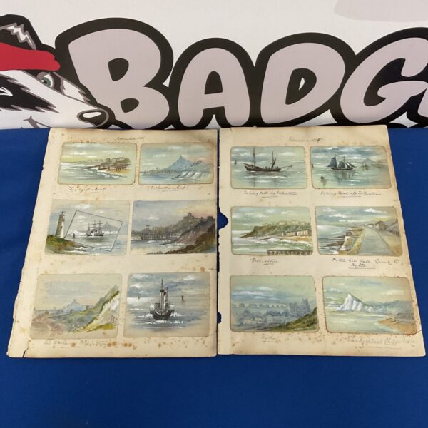 Antique folkestone watercolour set depicting a coastal scene with boats.