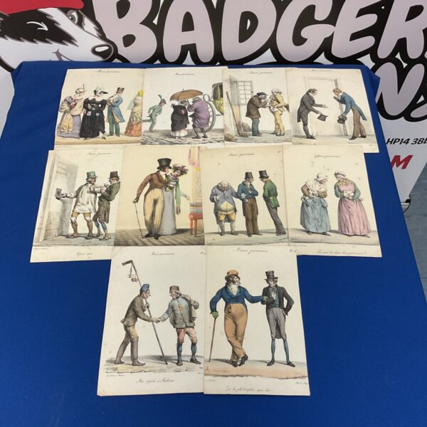 Antique French character prints, hand-coloured 19th-century fashion plates, vintage collection.
