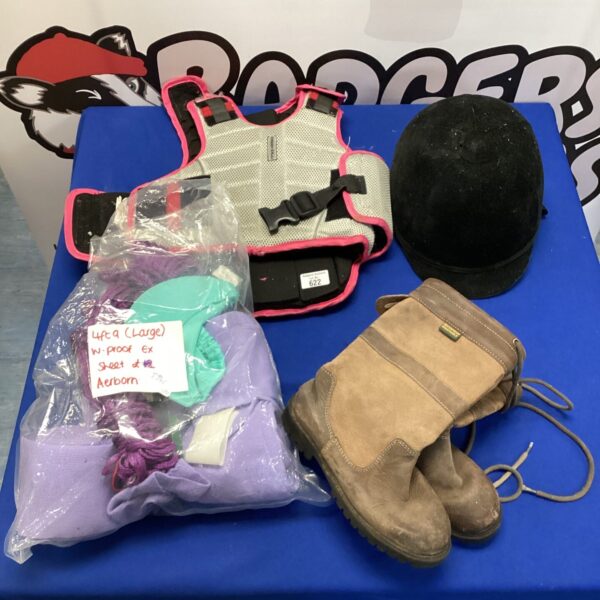 Mixed lot of horse riding equipment including helmet, body armour and boots.