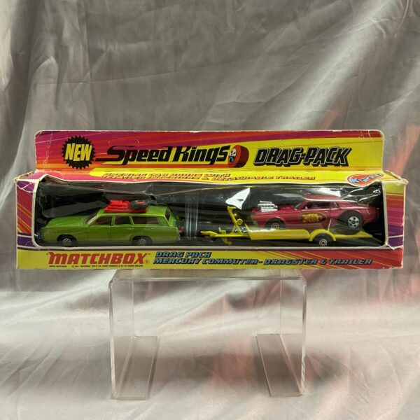 Vintage Matchbox Speed Kings drag pack with Mercury Commuter and dragster.