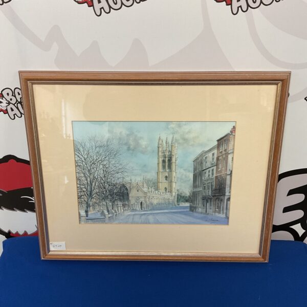 Framed K J Messer print of an Oxford church cityscape.