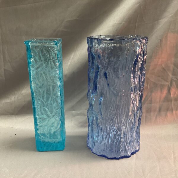 Blue mid-century modern glass vase in Whitefriars style.
