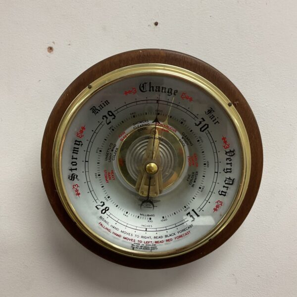 Antique S&B wall barometer with silvered dial and wooden case.