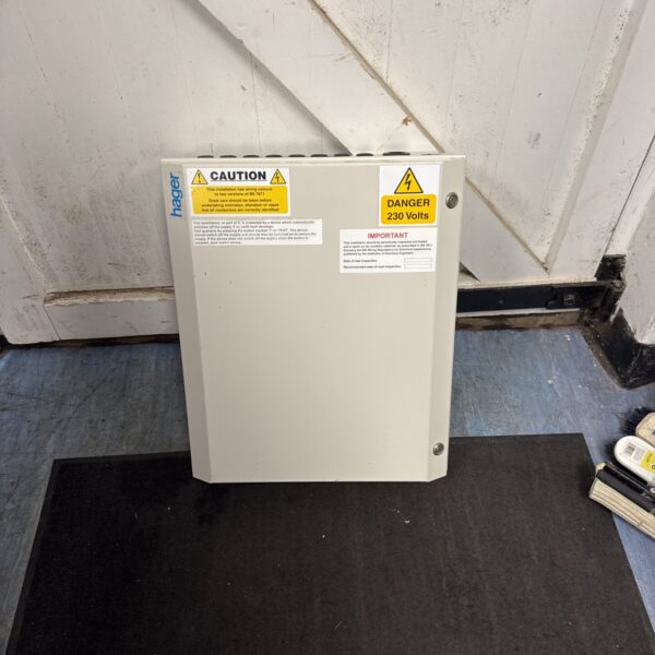 Hager switch fuse board with open front panel showing circuit breakers.