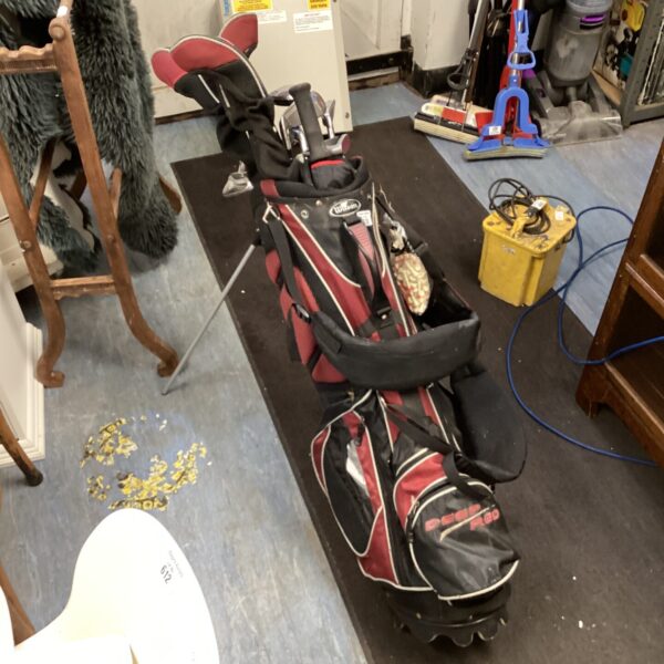 Full view of a used Wilson golf bag and clubs.
