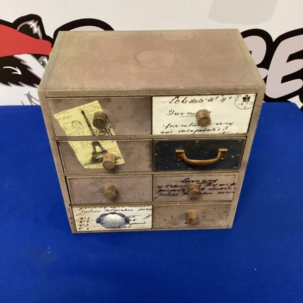 Vintage four-drawer desk tidy with ephemera decoration.