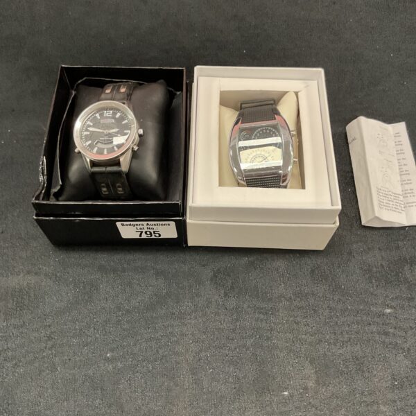 Men's wristwatches lot featuring analogue and digital styles in boxes.