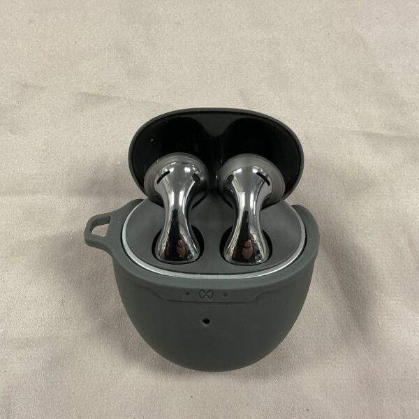 Open charging case displaying Huawei earbuds, wireless audio solution.