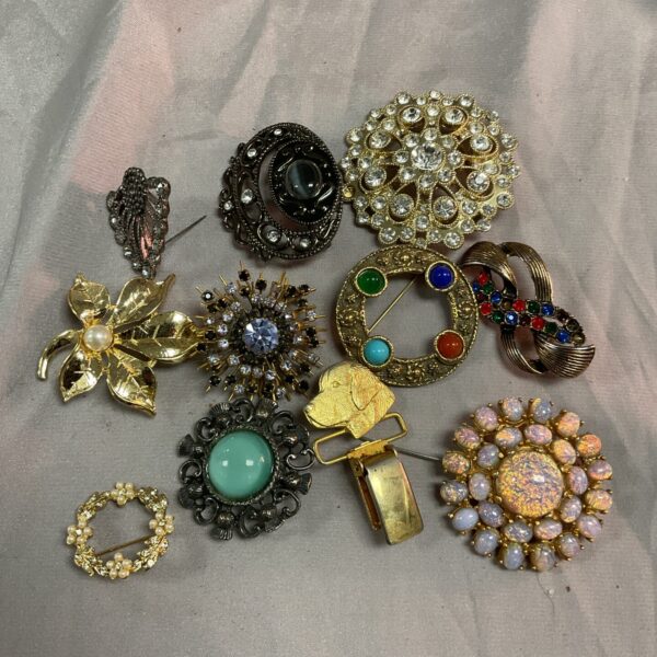 Vintage brooch collection featuring assorted pins and floral designs.