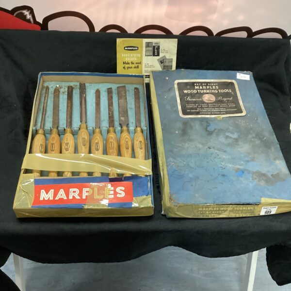 Vintage Marples wood turning tools in original packaging.
