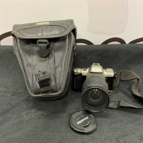 Pentax mz-50 film camera with 28-200mm lens and carrying case.