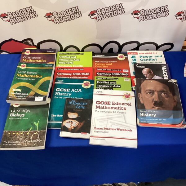 GCSE revision books collection including maths and Macbeth.
