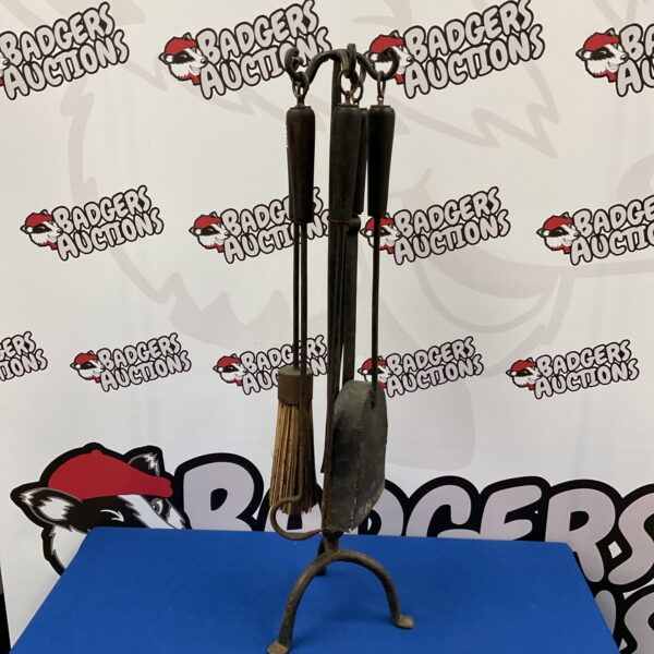 Large vintage iron fireplace companion set with tools.